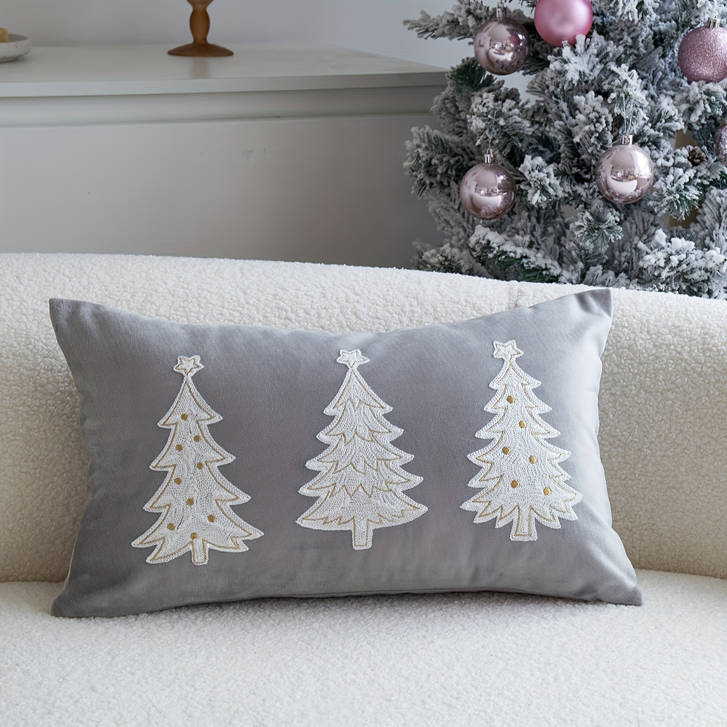 Image of 1pc, Christmas Pillowcase, Christmas Stars And Trees Pillowcase, Single Side Embroidery, 17.7*17.7inch, Suitable For Sofa, Living Room, Bedroom Home Decoration