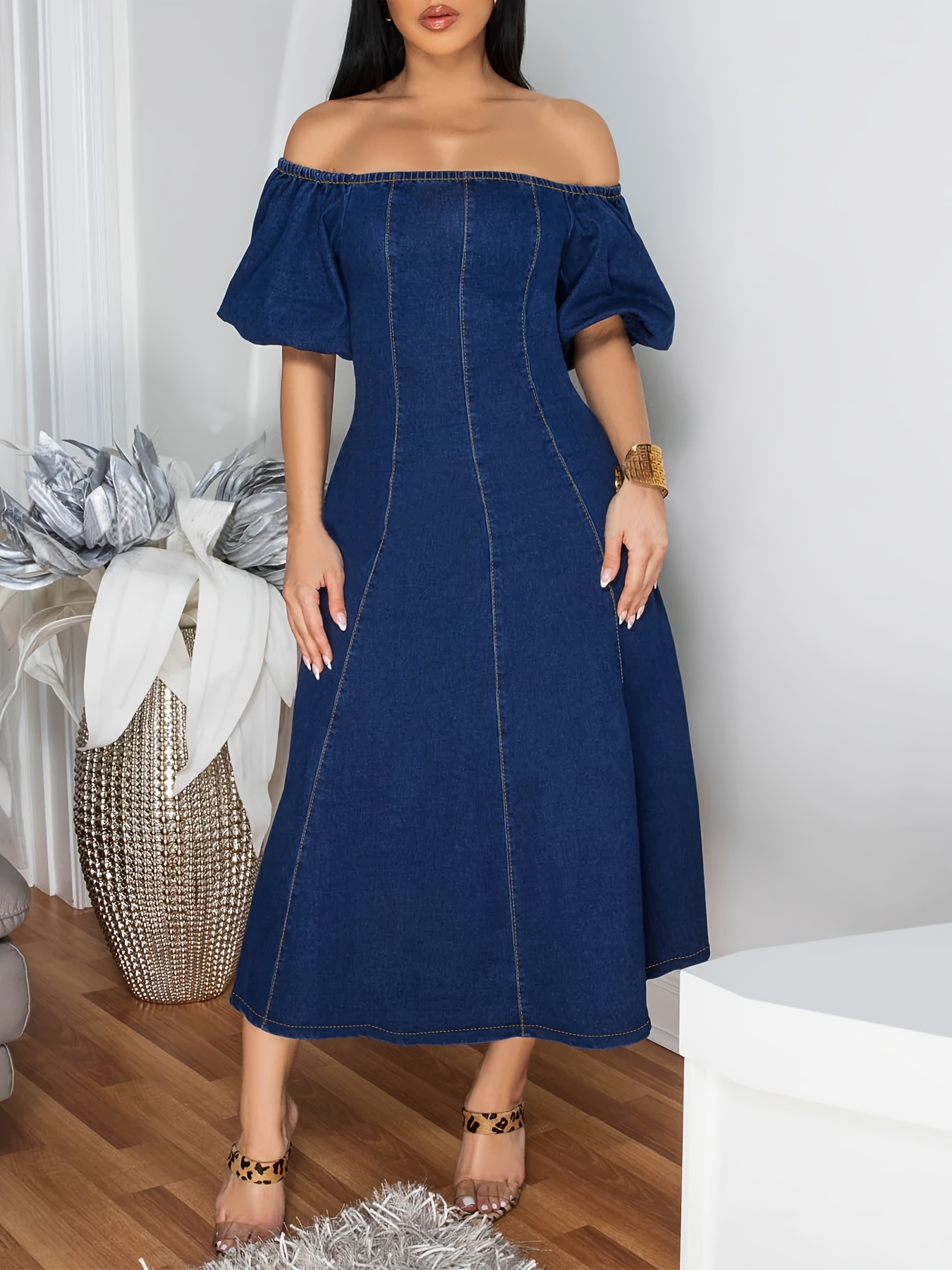 accessories navy blue dress Women's Light Blue Smocked Tiered Short Puff Sleeve Maxi Dress main image 0