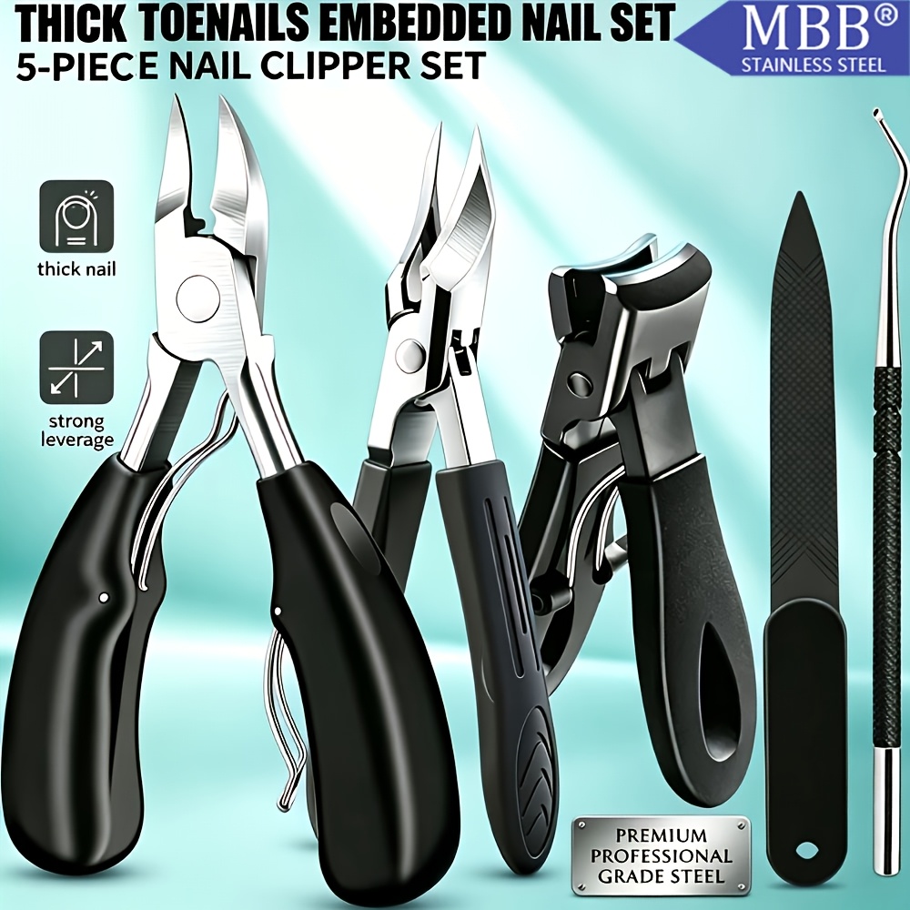 5pcs Professional Toenail Clipper Set, Stainless Steel Wide Mouth Nail Clippers and Files for Thick Hard Nails