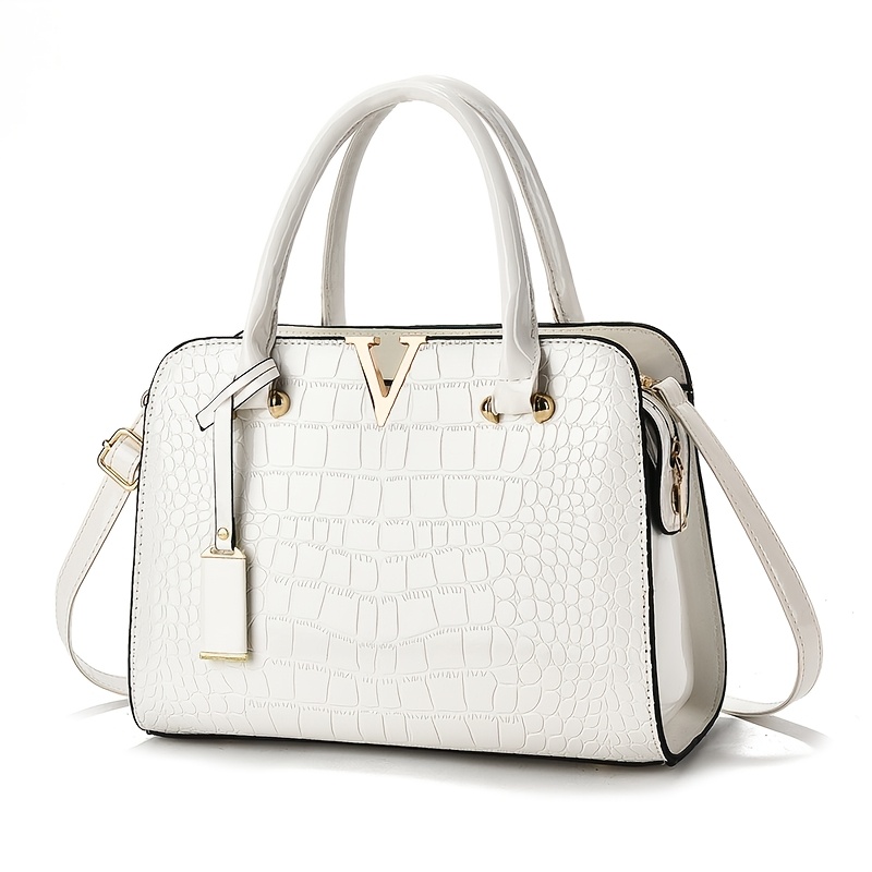 TEMU Women's Crossbody Bag Glossy Patent Handbag Women's Shoulder Bag Western Casual Large Capacity Alligator Pattern Bag Wear-resistant Pu Material