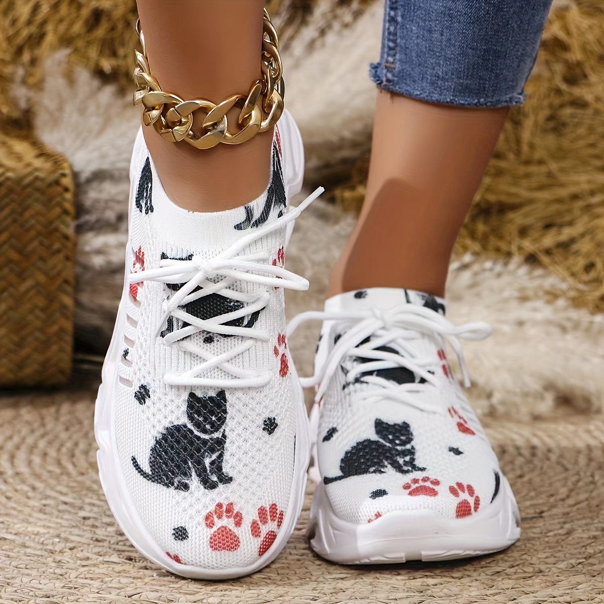 

Women's Casual Knitted Sneakers, Black Cat & Paw Pattern Low Top Trainers, Cute Breathable Walking Sports Shoes