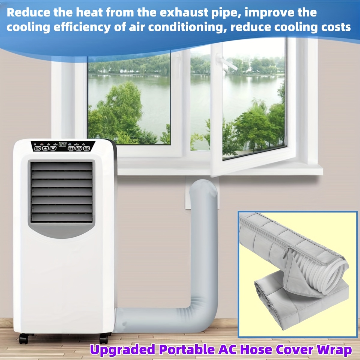 Image of Upgraded Portable Ac Hose Cover Insulation, Upgraded Portable Ac Hose Cover Wrap, Zipper Insulated Ac Hose Sleeve For 5" & 5.9" Exhaust Hose, 60-inch Vent Hose With Adjustable Straps, No Battery