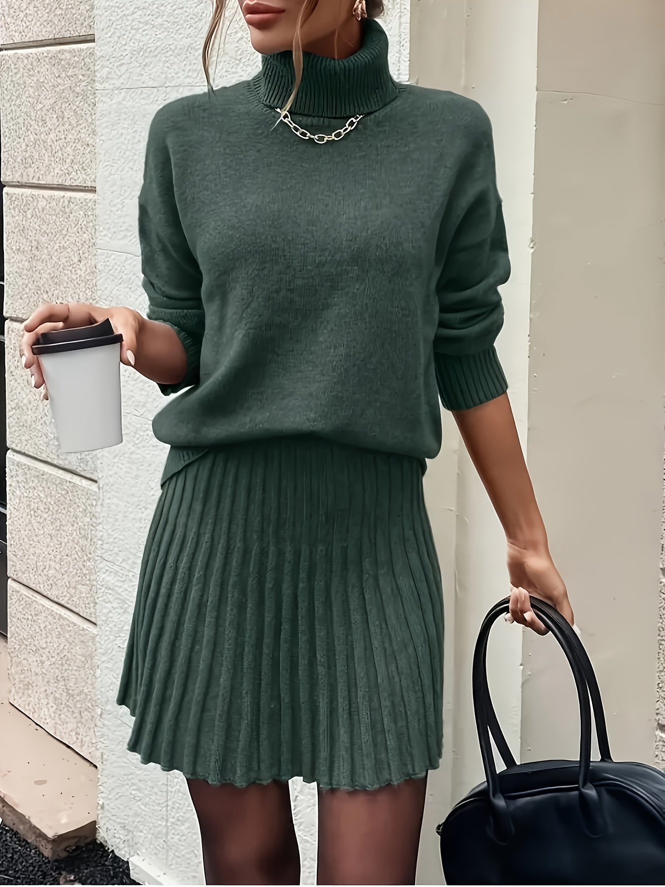 conjunto elegante suéter cuello falda color Temu