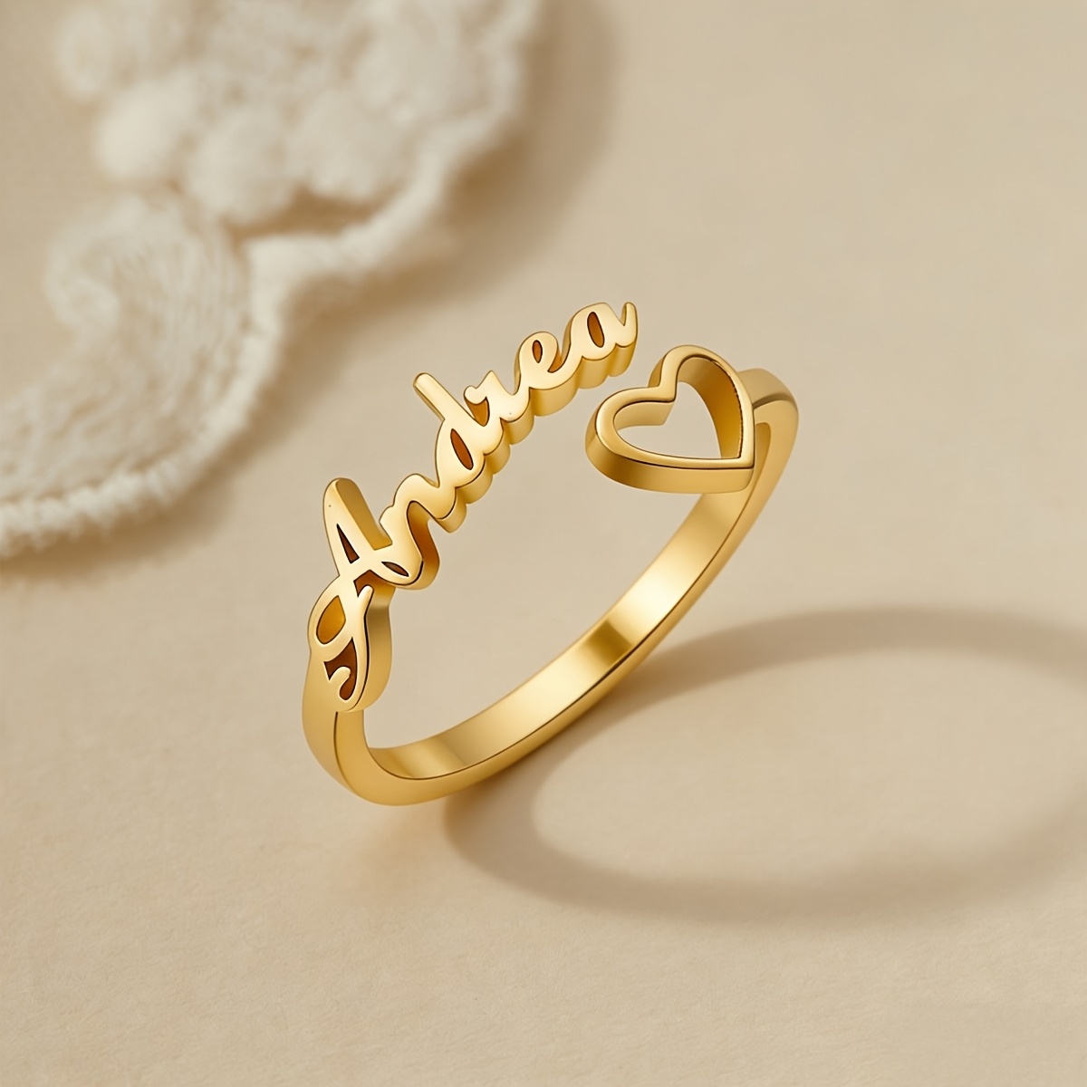 TEMU 1pc Customized Name Heart Stainless Steel Ring Hollow Heart Opening Ring Personalized Letter Tail Ring Fashion Commuting Versatile Ring Mother's