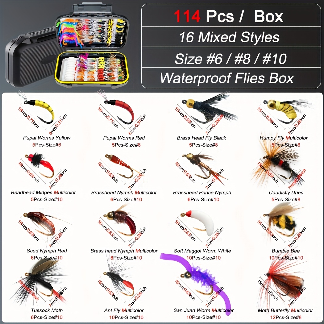 Image of (fishing Lure-114pcs Flies) Fly Fishing Flies Kit Dry/wet Flies - Fishing Lures For Salmon Trout Steelhead Bait Hook Size #10 #8 #6