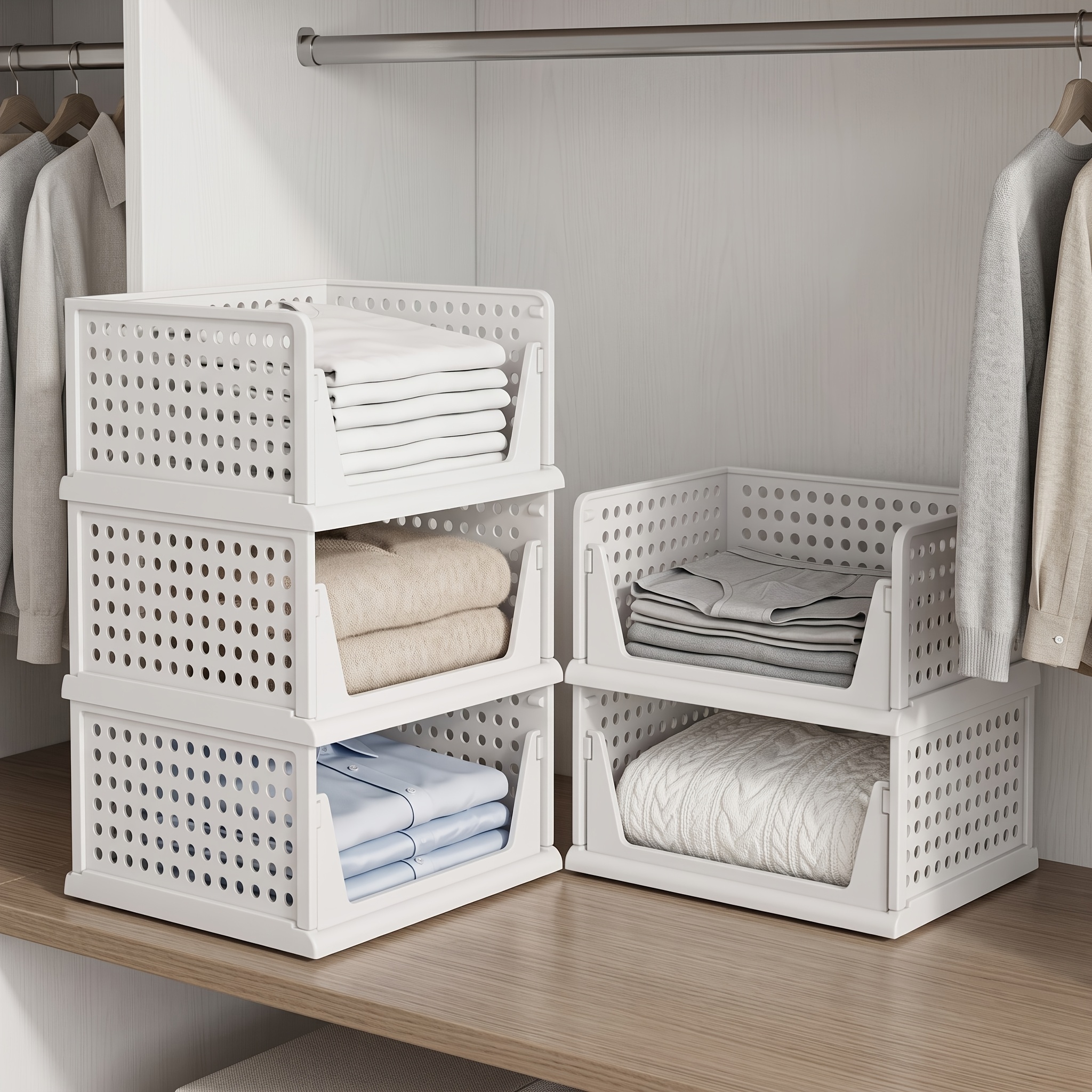 Image of 5pcs Set - White Stackable Plastic Storage Bins - Foldable Clothes Storage Baskets Containers For Bedroom Living Room Bathroom Kitchen Office, Shelf Baskets