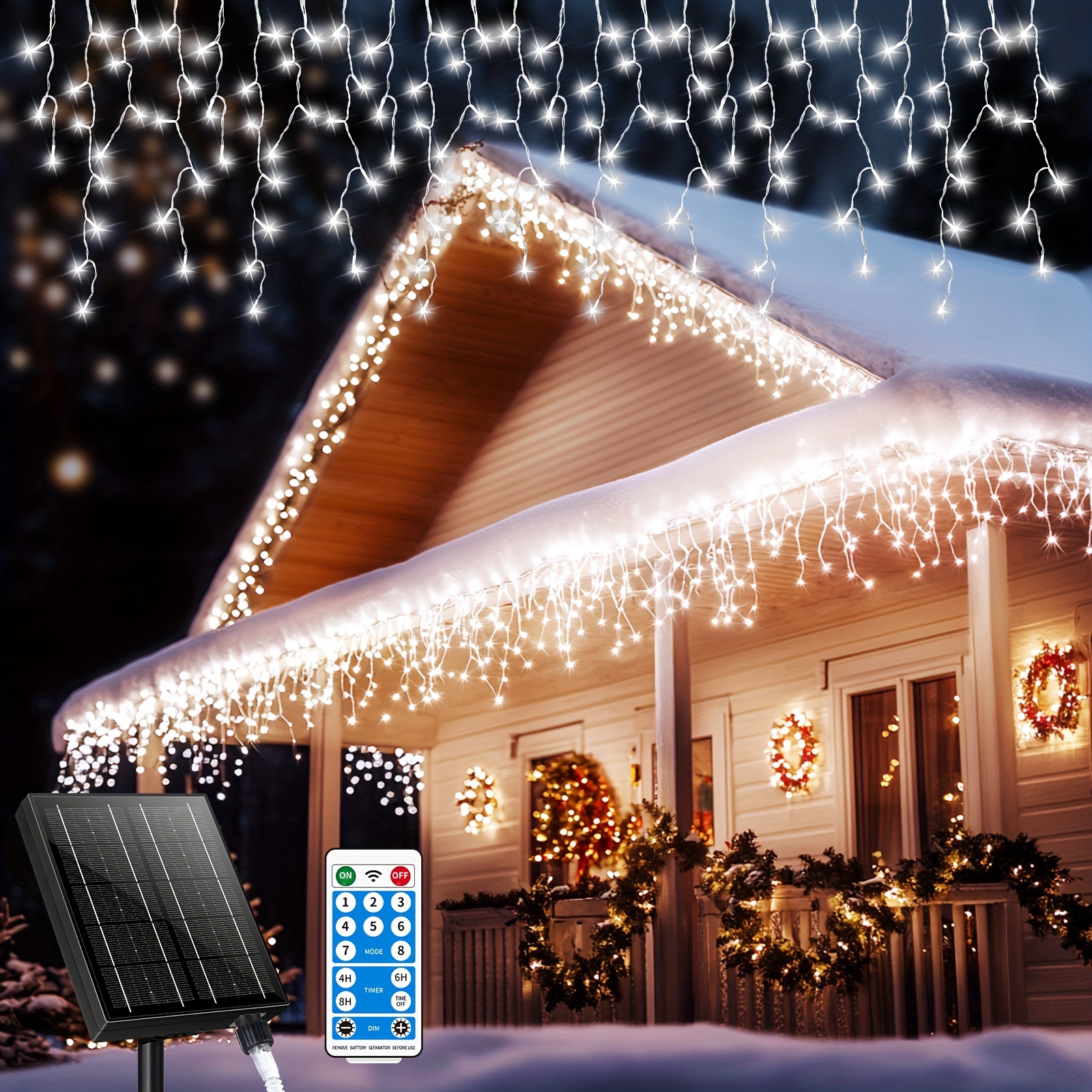 

66ft 600led Solar Icicle Lights Decorations Christmas Fairy String Lights Usb Rechargeable 8 Remote Lights For House Roof Party Wedding