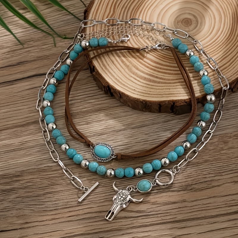 

3pcs Tribal Style Alloy Necklace Set, Vintage Southwestern , With Synthetic Turquoise And Pendants, For Daily And Vacation Wear