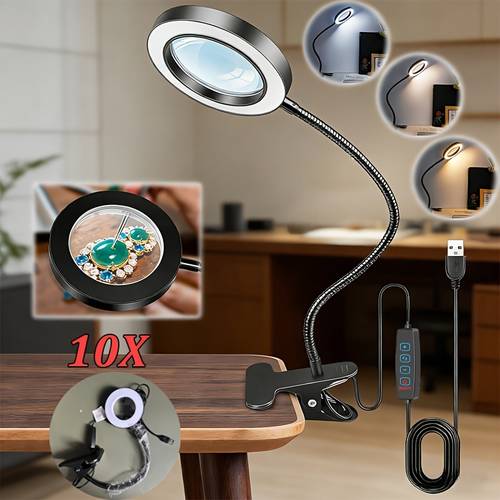 . moderne led schreibtischlampe mit 10-fach vergrößerungsglas, metall vergrößerungsglas tischleuchte, verstellbarer arm und klemme, faltbares usb-netzteil, 3-farben- , zum lesen, buchansehen und für präzise handwerksreparaturen