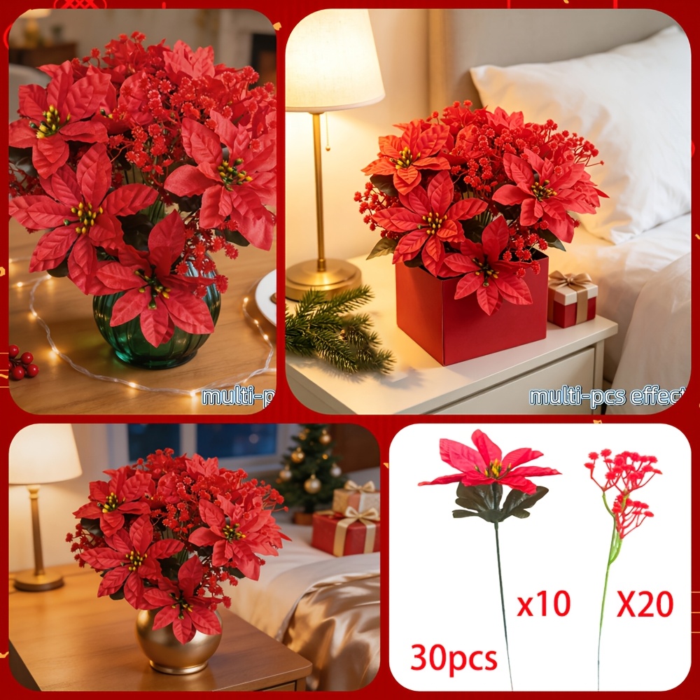TEMU 30pcs Vibrant Mixed Artificial Flowers Decorations, High-simulation Red Camellia, With Red Artificial Stars, Suitable For Indoor And Outdoor