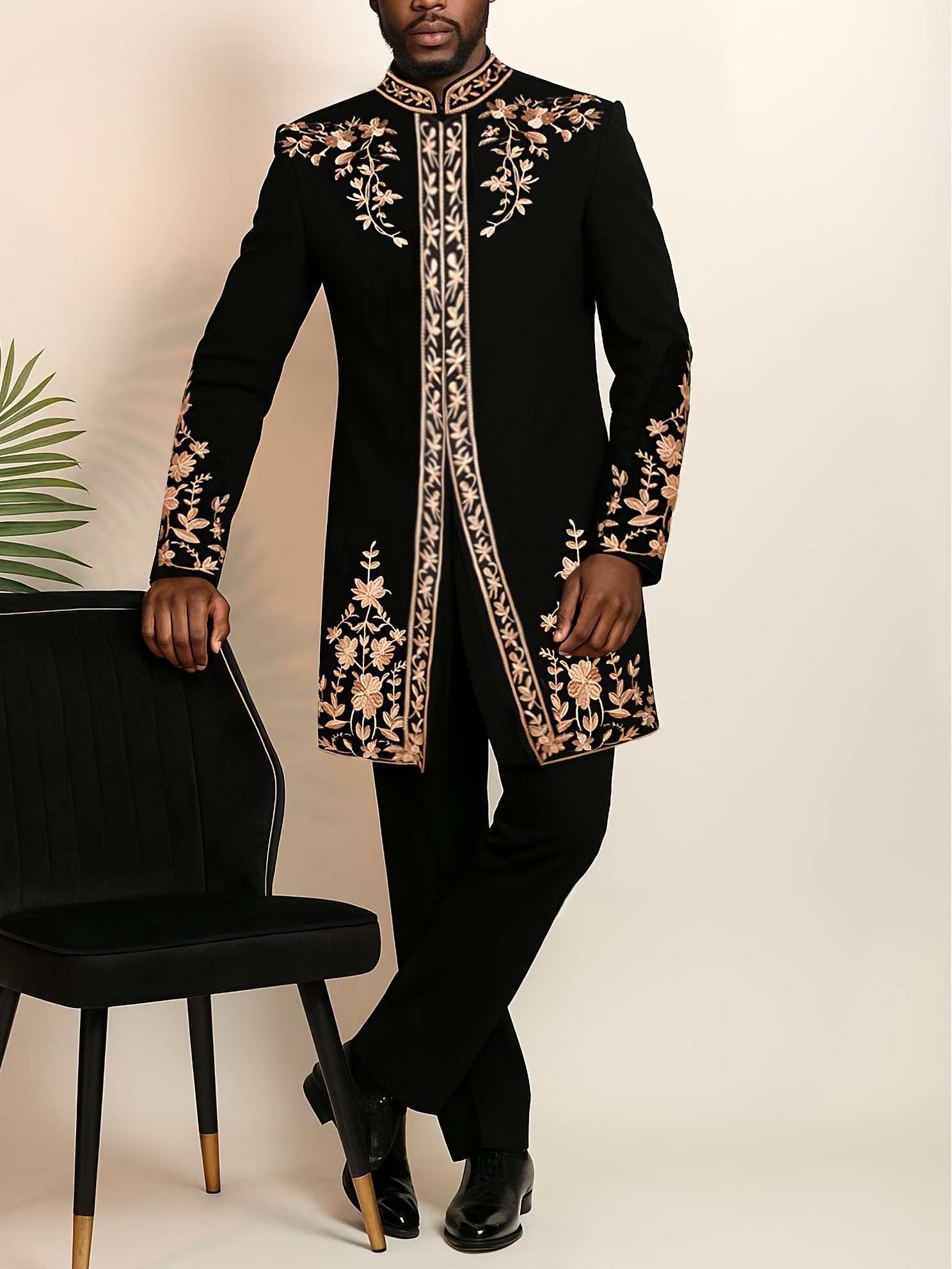 Men's Suit Set New for All Seasons, Long Sleeve, Stand Collar, Embroidered Pattern, Zipper Top + Drawstring Elastic Waist Pants 2pcs Set, Suitable for Daily Casual, Formal Occasions, Vacation, Dating, Wedding, Street Outings, Festival Celebrations