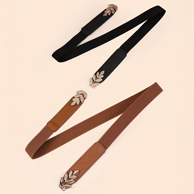 2pcs Women'S Belt Set | Fashion Elastic Waist Seal, Versatile Dress And Shirt Decorative Straps, Fiber, Zinc Alloy Golden Buckle