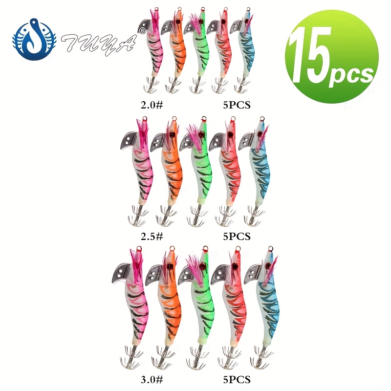 TEMU Ensemble de 15 leurres, appâts en bois de crevette, ensemble de modèles 2.5#3.0#3.5#, boîte combinée pour calamars, pieuvres, sépias, pêche en