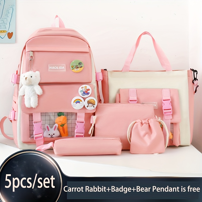5pcs cute pink beige backpack set women students large Temu