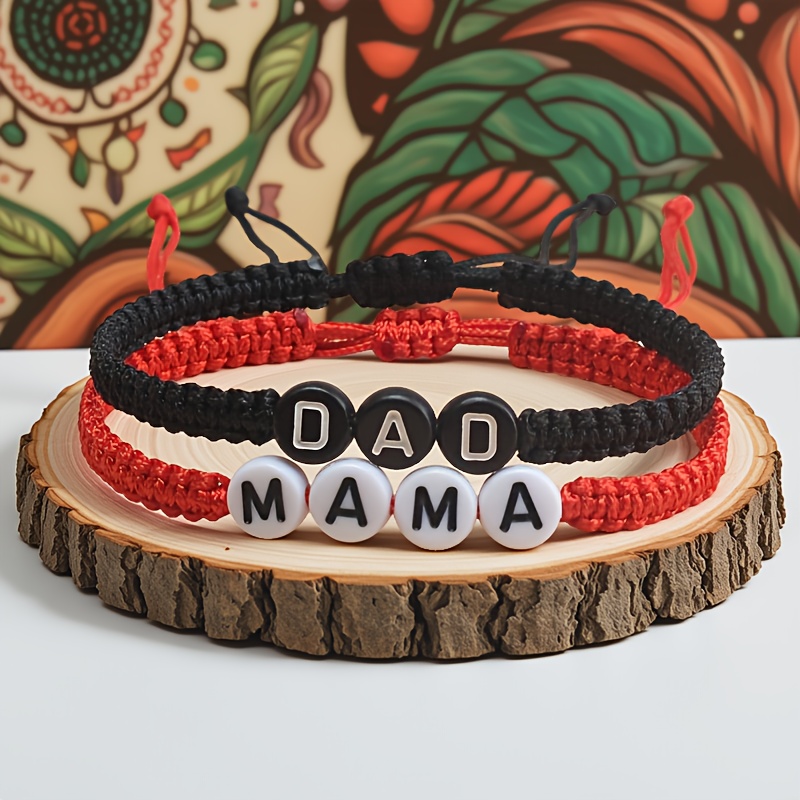 TEMU 2pcs Handmade Braided Bracelet Set, Dad/mama Letter Bracelets, Minimalist Adjustable Cords, Suitable For Daily Couples And As Holiday Gifts