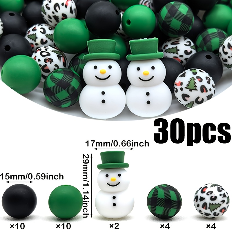 TEMU 30pcs Silicone Beads, Themed Christmas Snowman Design, With Printed Loose Spacer Beads Suitable For Enthusiasts To Make Decorative Pens,