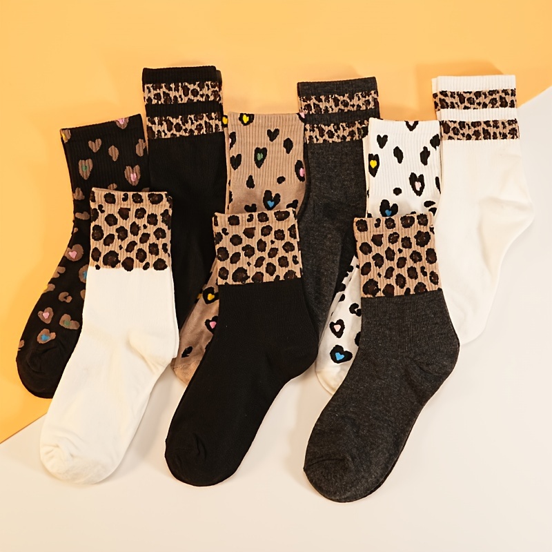 

9 Pairs Leopard Striped Socks, Trendy Vintage Style Mid Tube Socks For Spring & Fall, Women's Stockings & Hosiery