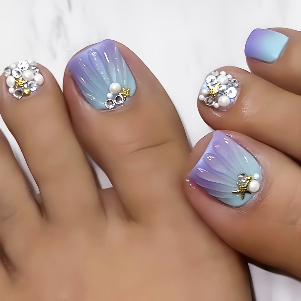 

24-piece Chic Purple Gradient Press-on Toenails Set With Glitter, 3d Pearl & Starfish Rhinestones - Short Square Fake Nails For Women And Girls