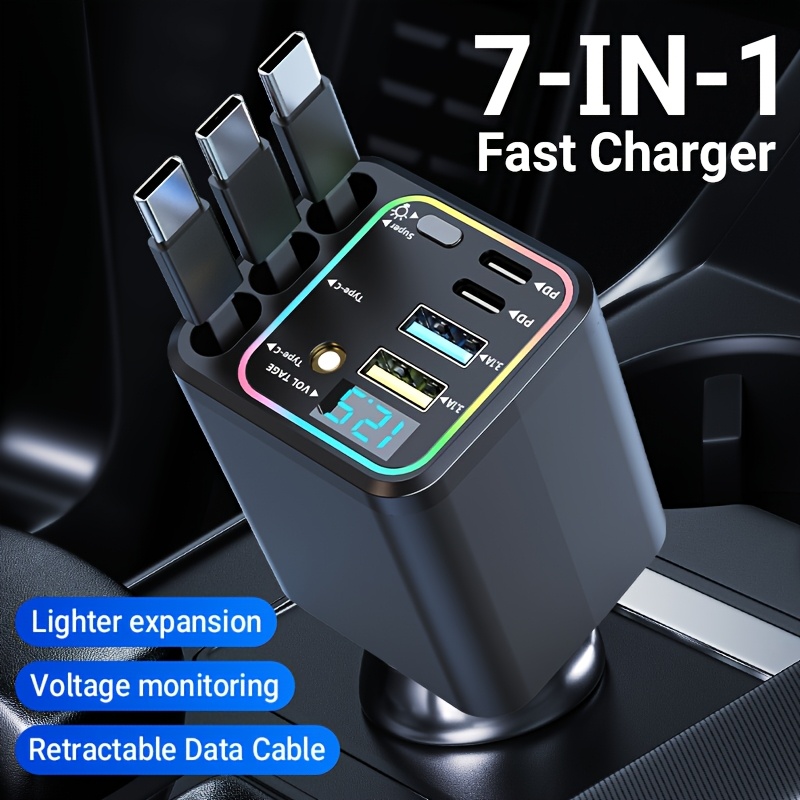 7 in 1 car fast charging mobile phone charger     3 extendable cables fast charging interface 180 free   led   display screen usb connector   applicable without battery