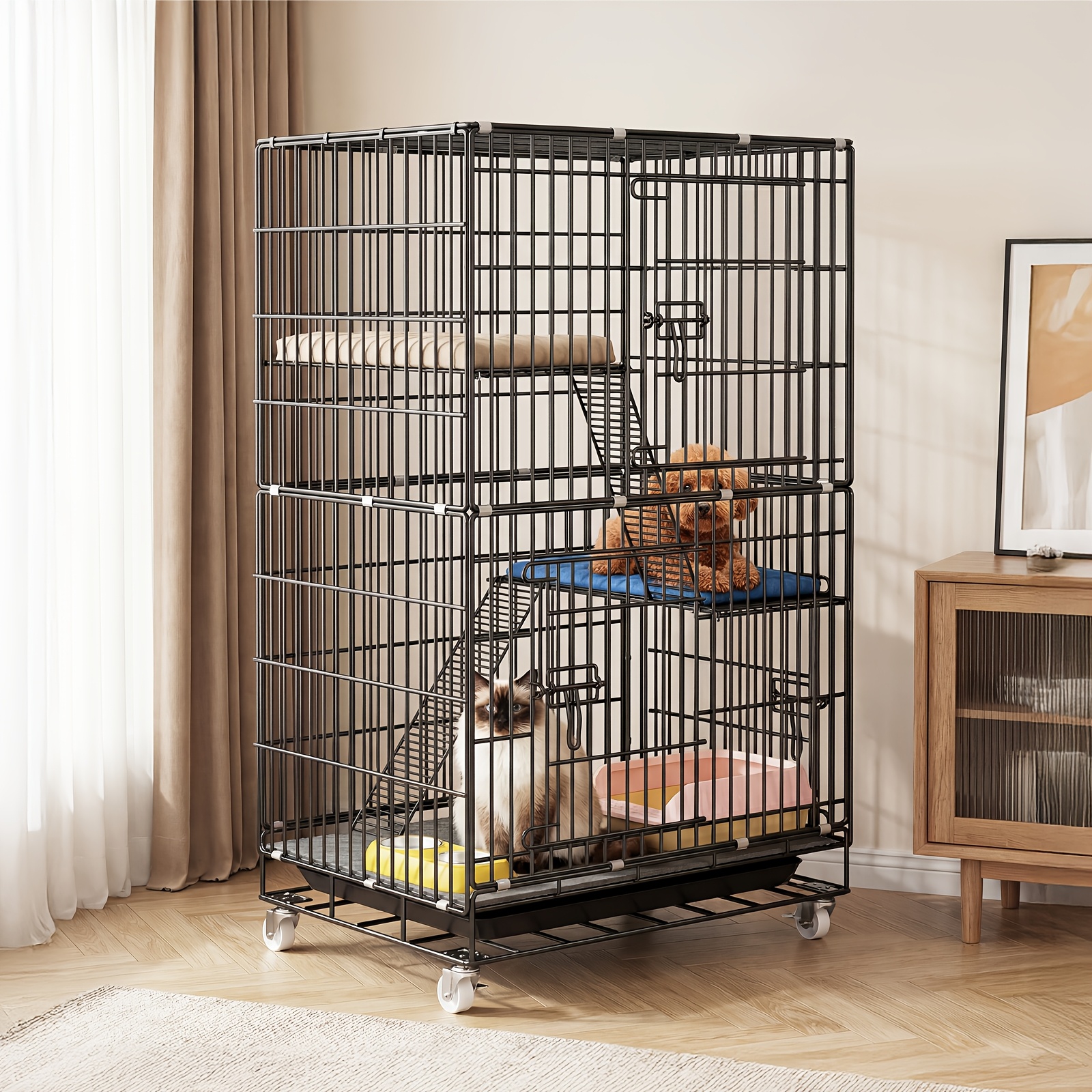 Image of Multi-tier Cat Cage Suitable For For Cats, Spacious 3-tier Luxury Wheeled Pet Villa With Removable Chassis & Anti-sway Base, Removable Panels For , Climbing For Cats, Easy Assembly Cat Enclosure