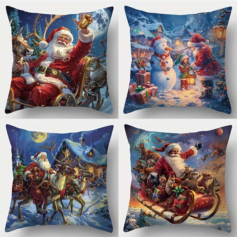 

4pcs New Christmas Pillows, Santa Claus Riding Sleigh Printing, 17.72*17.72, Suitable For Living Room Sofa, Bed, Bedroom, Home Decoration, No Pillow