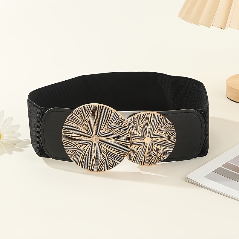 Double Circle Buckle Belt Black Elastic Waistband Vintage - Temu Australia