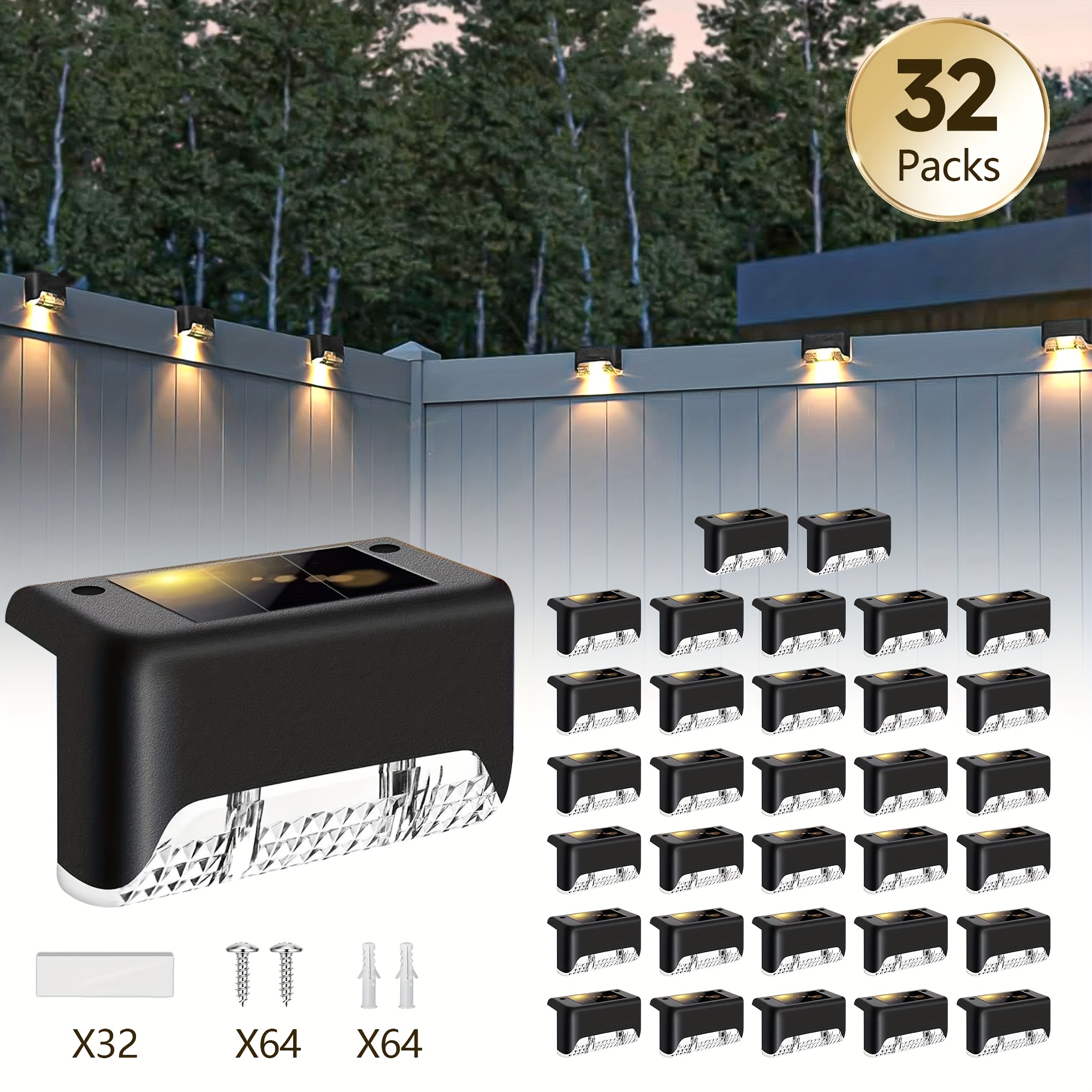 TEMU Hmcity 32pcs Solar Deck Lights, Ip44 Fence & Step Lights, Auto , 12hr Lighting For Stairs, , Yards & Gardens, Ideal For Hotels, Landscape,