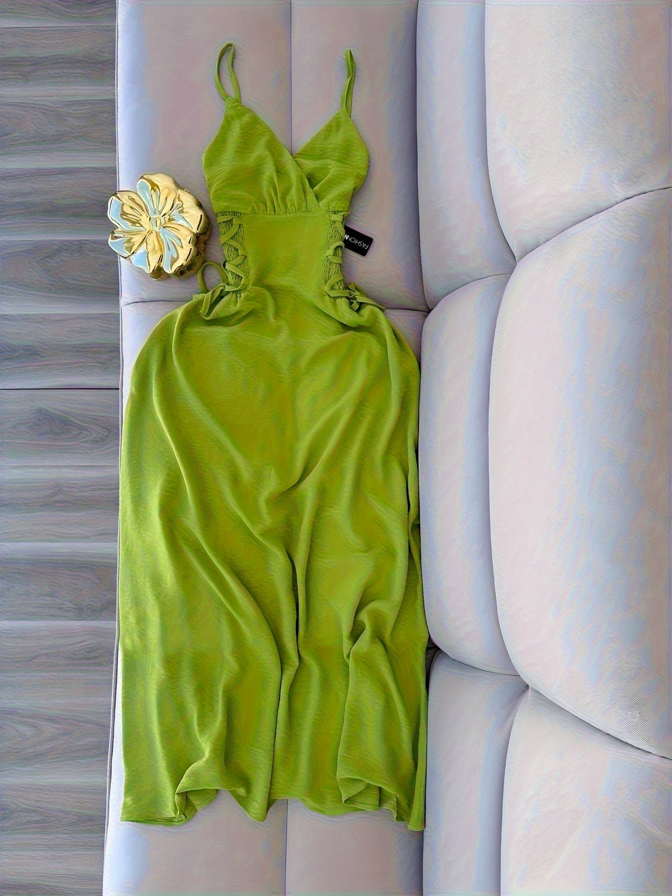 mac duggal green ruffle dress Green Floral Print Ruffled Wrap Over A Line Gown main image 0
