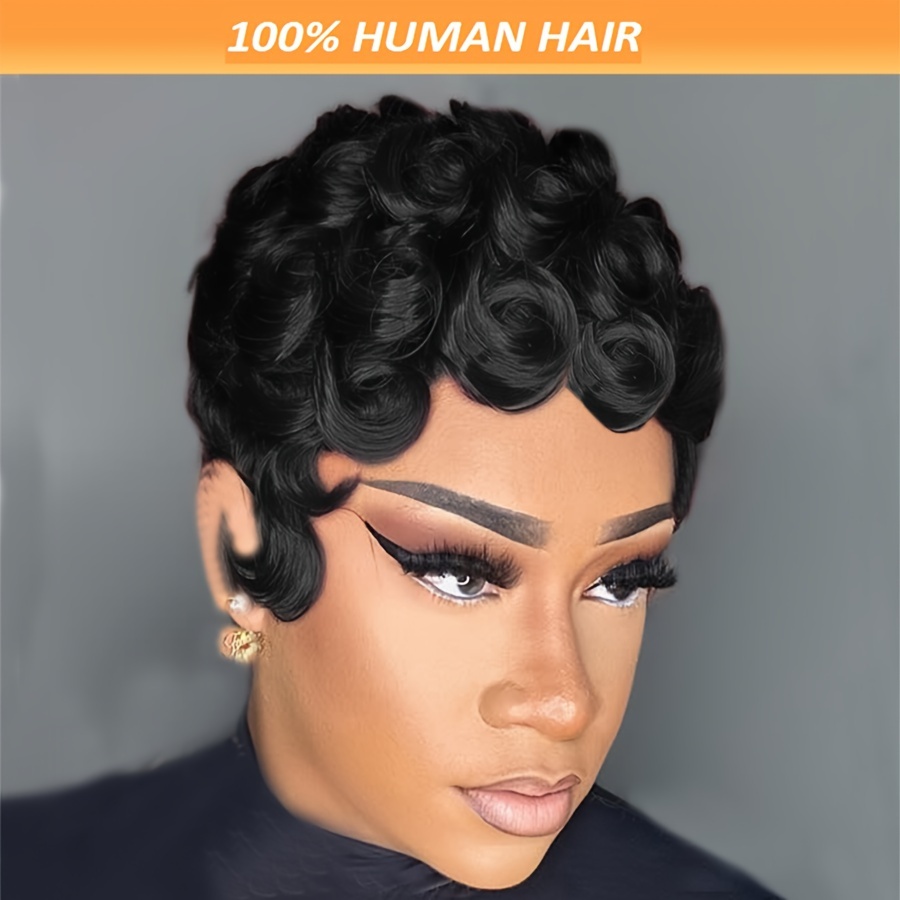 

Elegant Cut Wig For Women - Human Hair, Loose Curly With Bangs, Glueless Non-lace Design, Easy To Style & Wear