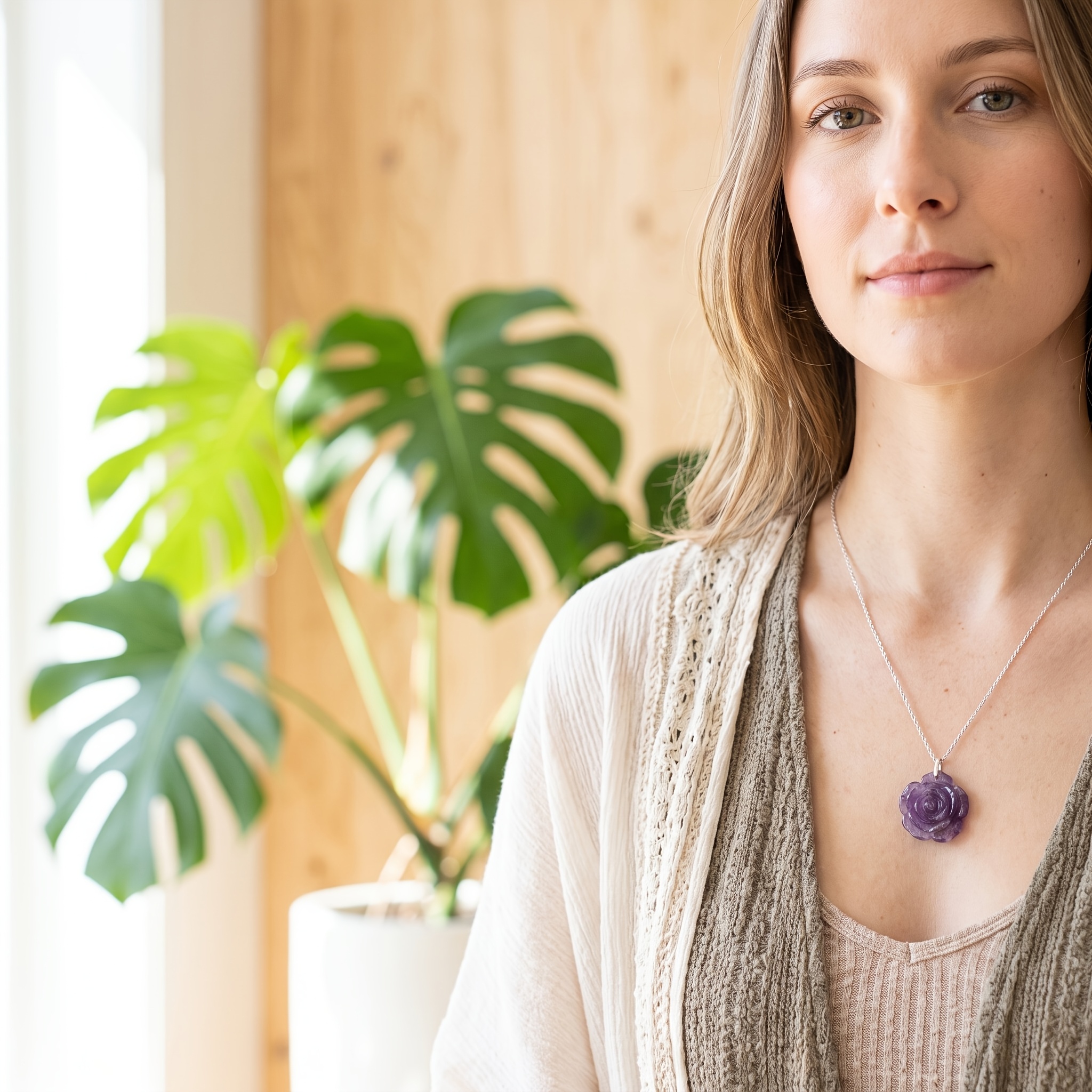 Natural Amethyst 3D Rose Pendant