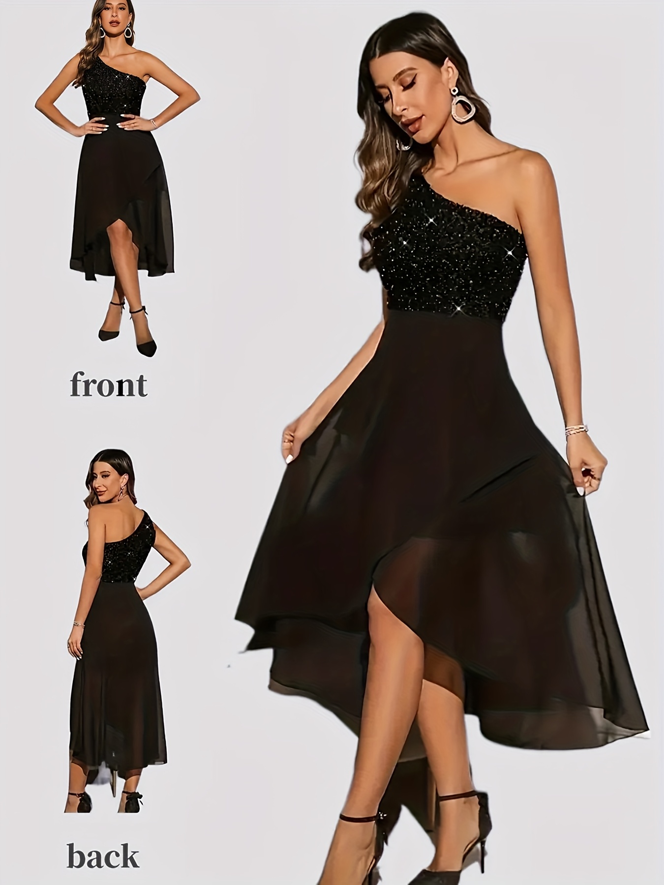Directional Black Short-Sleeved One-Shoulder Sequin * Dress