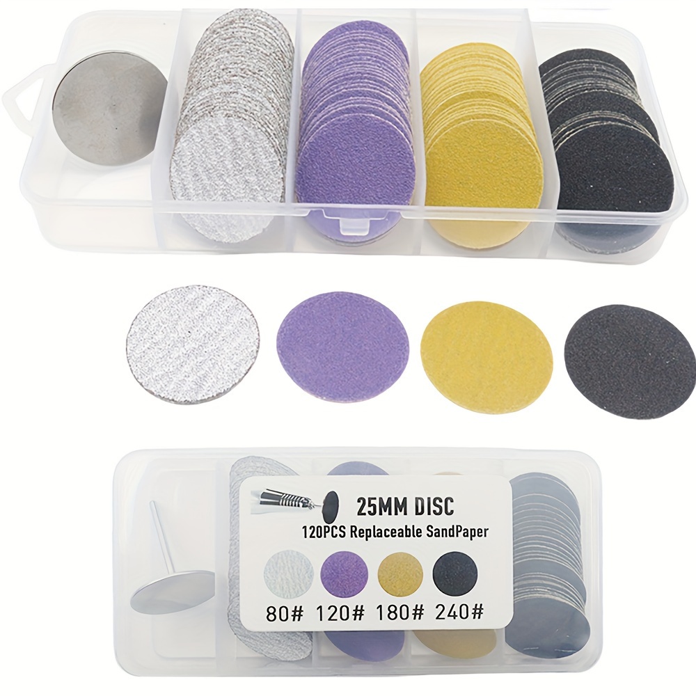 

120pcs 25mm Sanding Paper Discs With Metal Nail Drill Bit Foot File Drill Bits, 80#120#180#240# Grit For Nail Drill Foot Files Electric Remover Dead Skin Callus(white,purple,yellow,black)