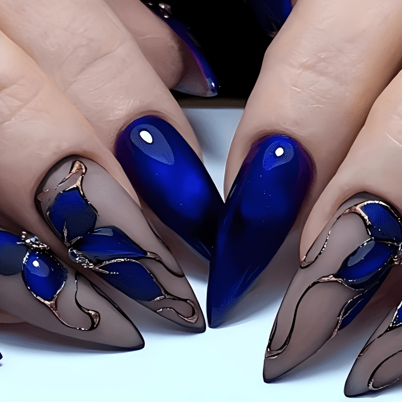 TEMU 24pcs Almond-shaped Press-on Nails, Glossy Dark Blue Almond Style Manicure With Golden- Dark Blue , Reusable Full-cover False Nails