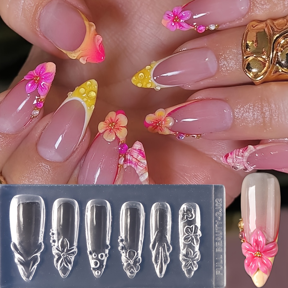 TEMU 1pc A Silicone Mold Featuring 6 Designs For Nail Decoration, Including Summer , Water , And Wave Patterns. This Transparent, Flexible Stencil Is