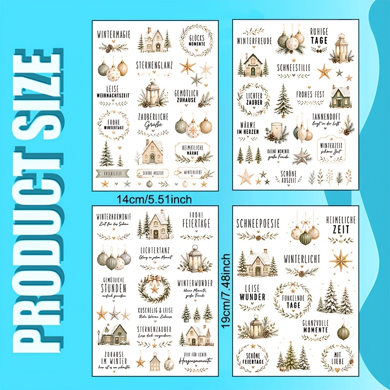 TEMU 4 Sheets/set, German Winter Wreath Themed Transfer Paper, Light Watercolor Simple Christmas Small Items Text Patterns, Suitable For Mugs, Coffee