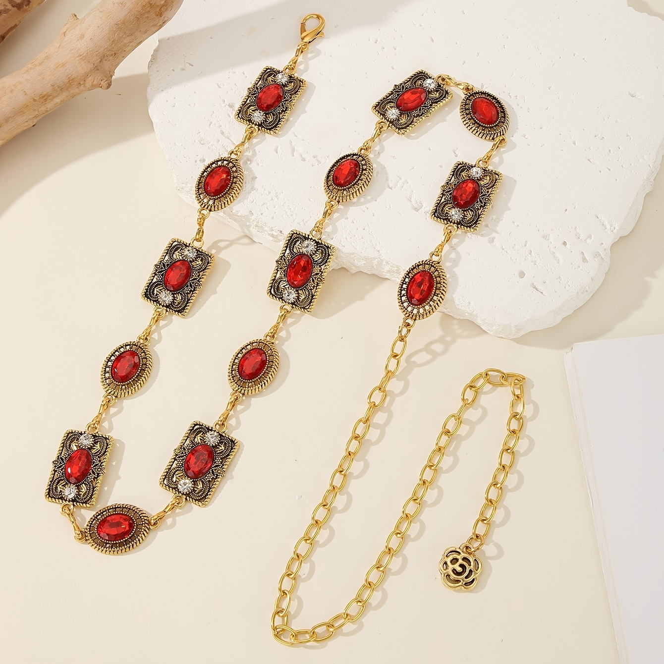 TEMU 1pc Red/black/colorful Waist Chain, Vintage Belt Accessory Dress Ethnic Style Golden Oval Carved Waist Chain Rhinestone Belt Women