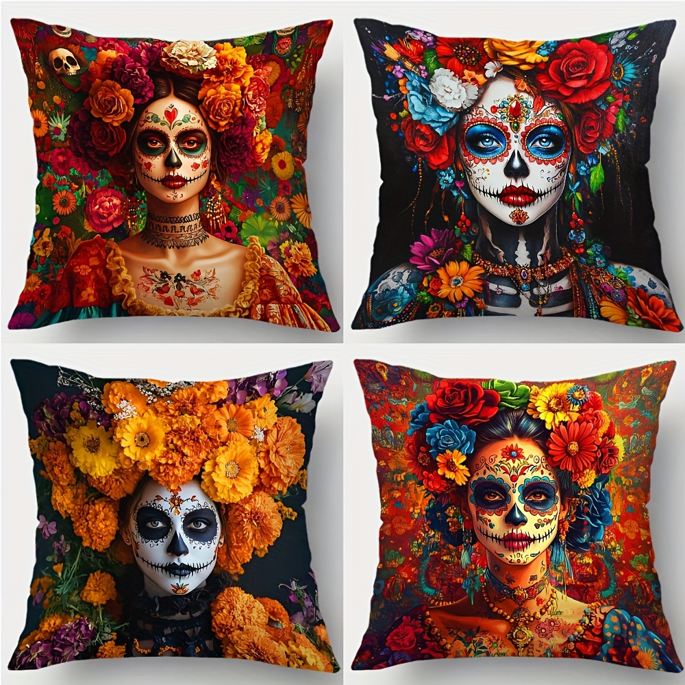 E-shop 2D Flat - 4er-Set 2D-gedruckte Kissenbezüge im mexikanischen Tag der Toten-Stil, mit Zucker-Schädeln und lebendigen Blumen im , in reichen und