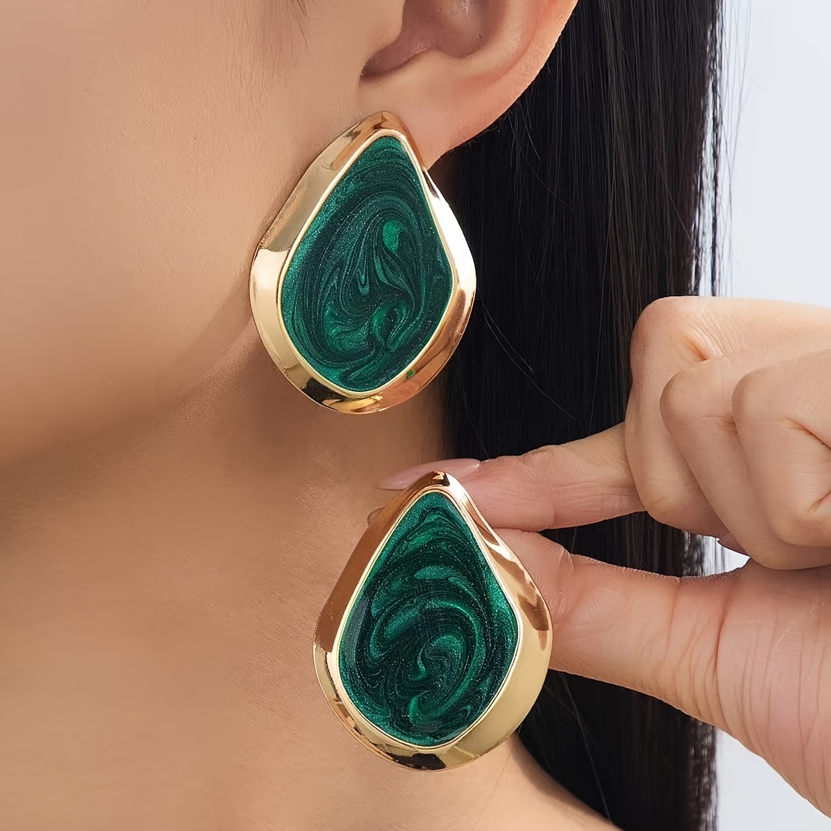 TEMU 1 Pair Retro Bohemian Water Drop Marble Vein Drip Oil Craft Stud Earrings Suitable For Daily Banquet Wear And Gift For Couples Girlfriends
