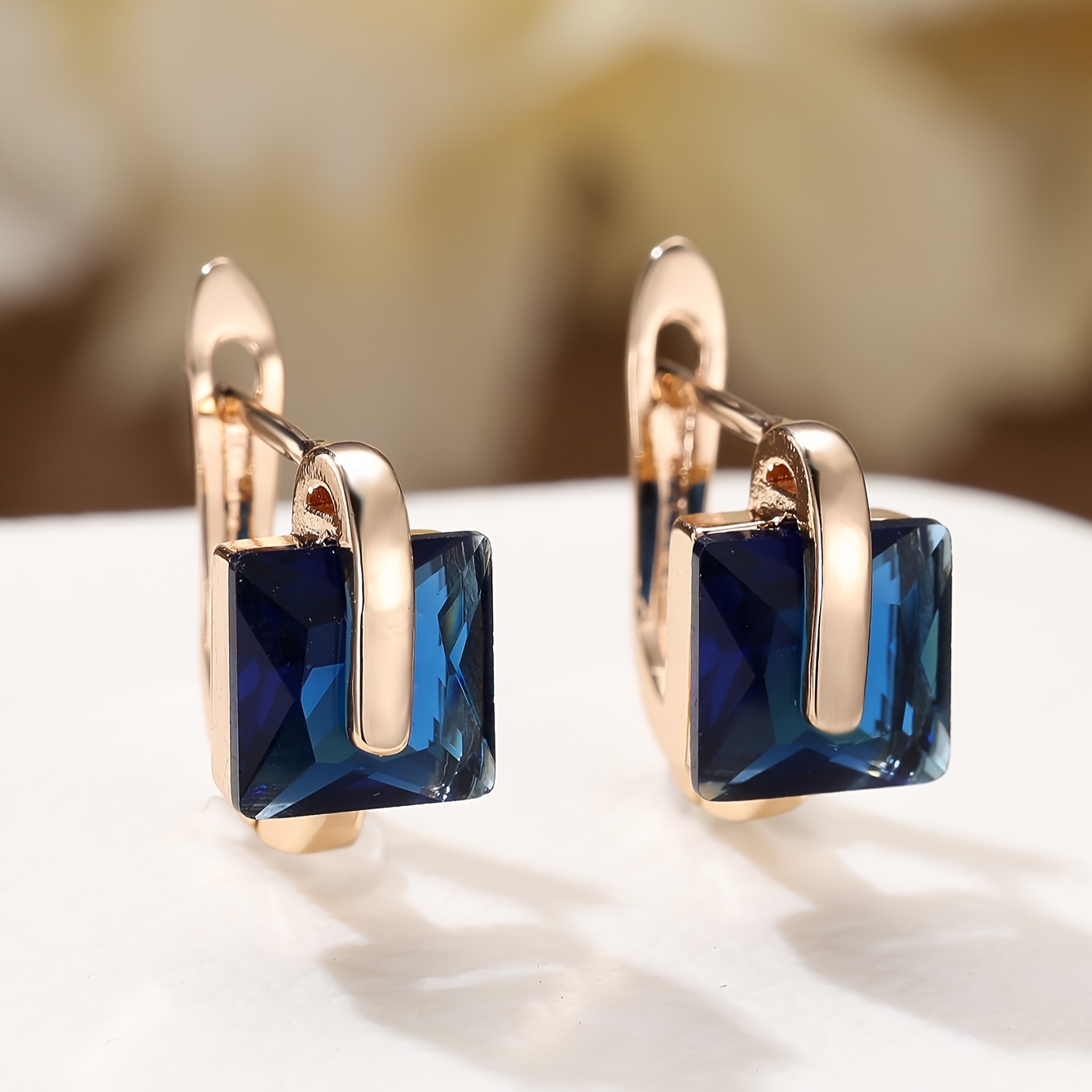 

1 Pair Copper Square Blue Zirconia Earrings, Ethnic Vintage Style, Jewelry For Women, Winter, New Year