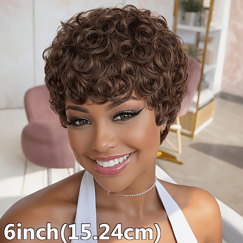 Image of Short Curly Wave Human Hair Machine Made Glueless Wig Human Hair 6inch 180% Density Cut Wig For Women Short Curly Wave Highlight For Daily Use 4# Color For Party