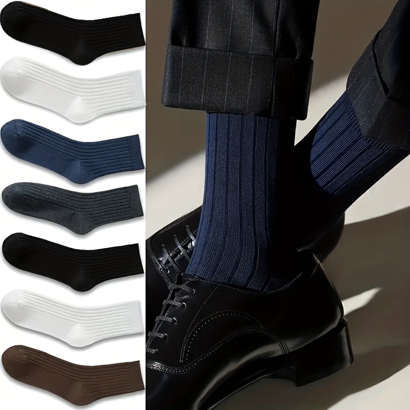 5 Pairs/7 Pairs of Men'S Suit Socks - Soft, Breathable Moisture-Wicking - Suitable for Calf Socks, Solid Color Versatility for Business Casual Outdoor Wear, a Gift for Him (Black, Dark Gray, Navy Blue, White, Dark Brown), Formal Wear Additions