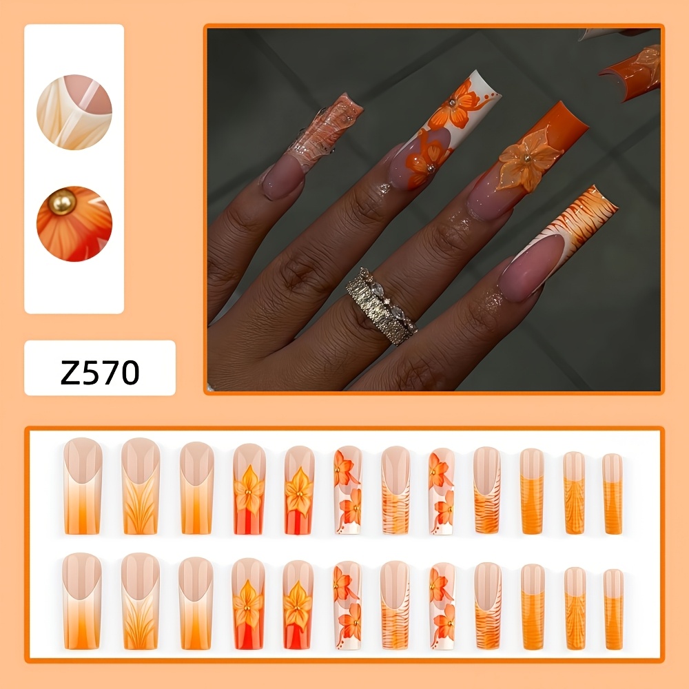 TEMU Améliorez Votre Look : 24pcs d'Extensions de Faux Ongles Ultra-Longs de Tuyau d'Eau, Nail , Extensions de Mode Florales Orange Dégradé Peintes à