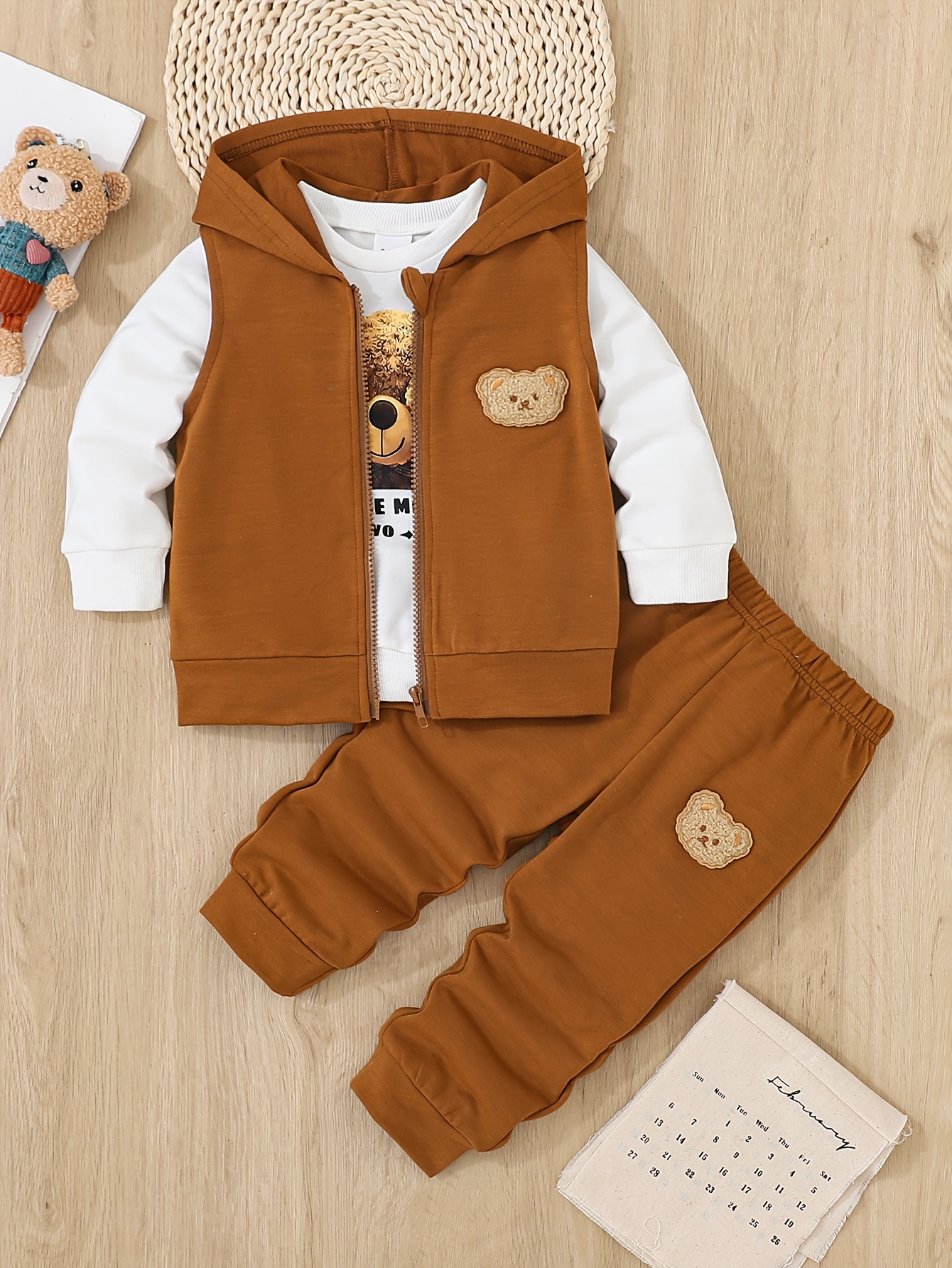 A 3pcs Set for Baby Boys Featuring a Hoodie with Bear And a Vest - Casual Sportswear with Zipper Details, Machine Washable - Perfect for Spring And Autumn, Ideal for Outdoor Activities. - Image 2
