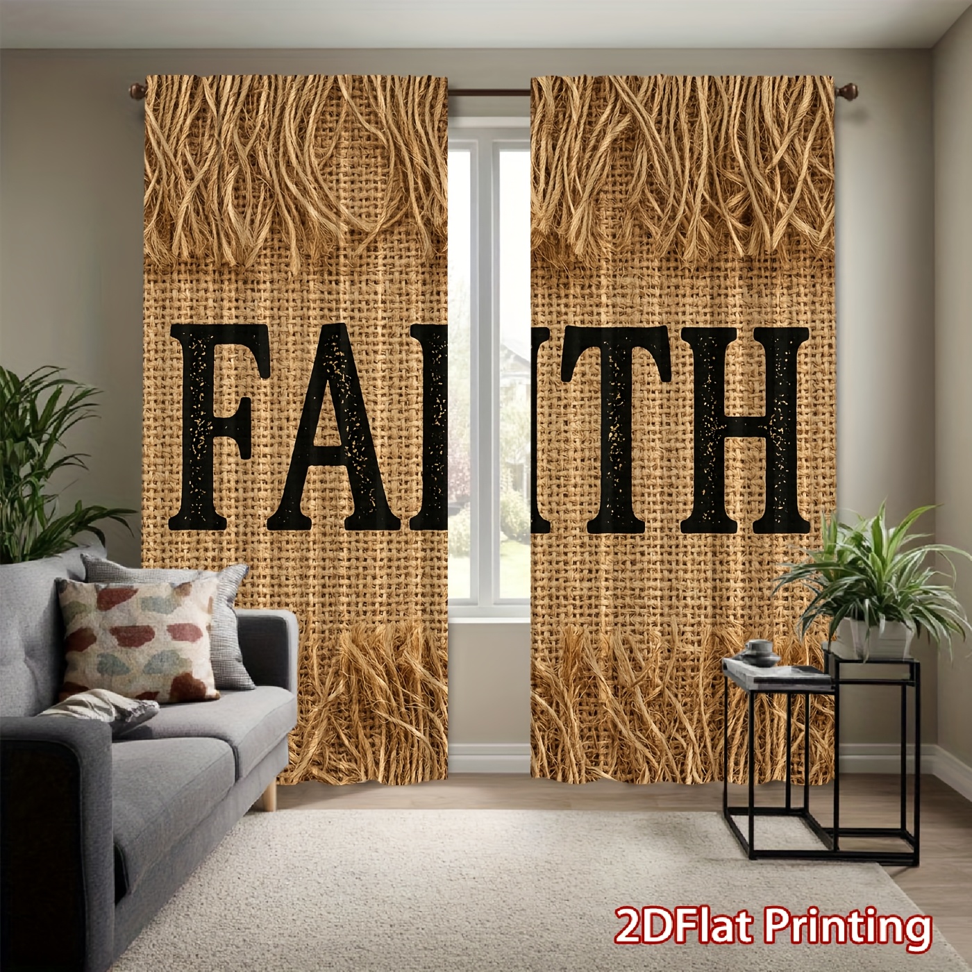 TEMU 2pcs Fringed Burlap Texture Curtains With English Slogan "faith" Printed, Soft Light, Privacy Protection, Pocket Rod Installation Style For