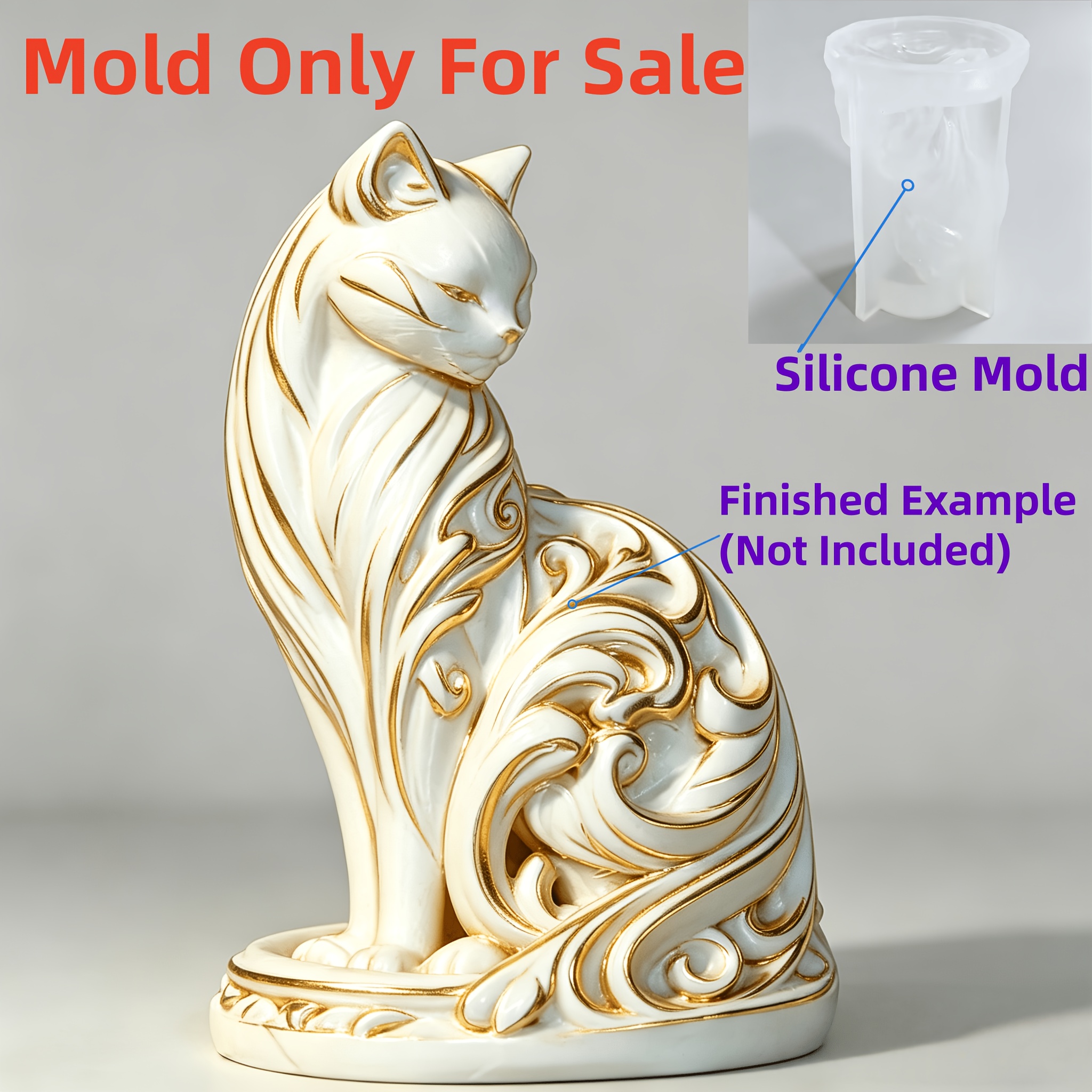 3d Elegant Baroque Cat Silicone Mold, Ornate Swirl Pattern Cat Resin Mold For Candle, Soap, Plaster, Epoxy Resin, Craft, Home Decor Statue Making