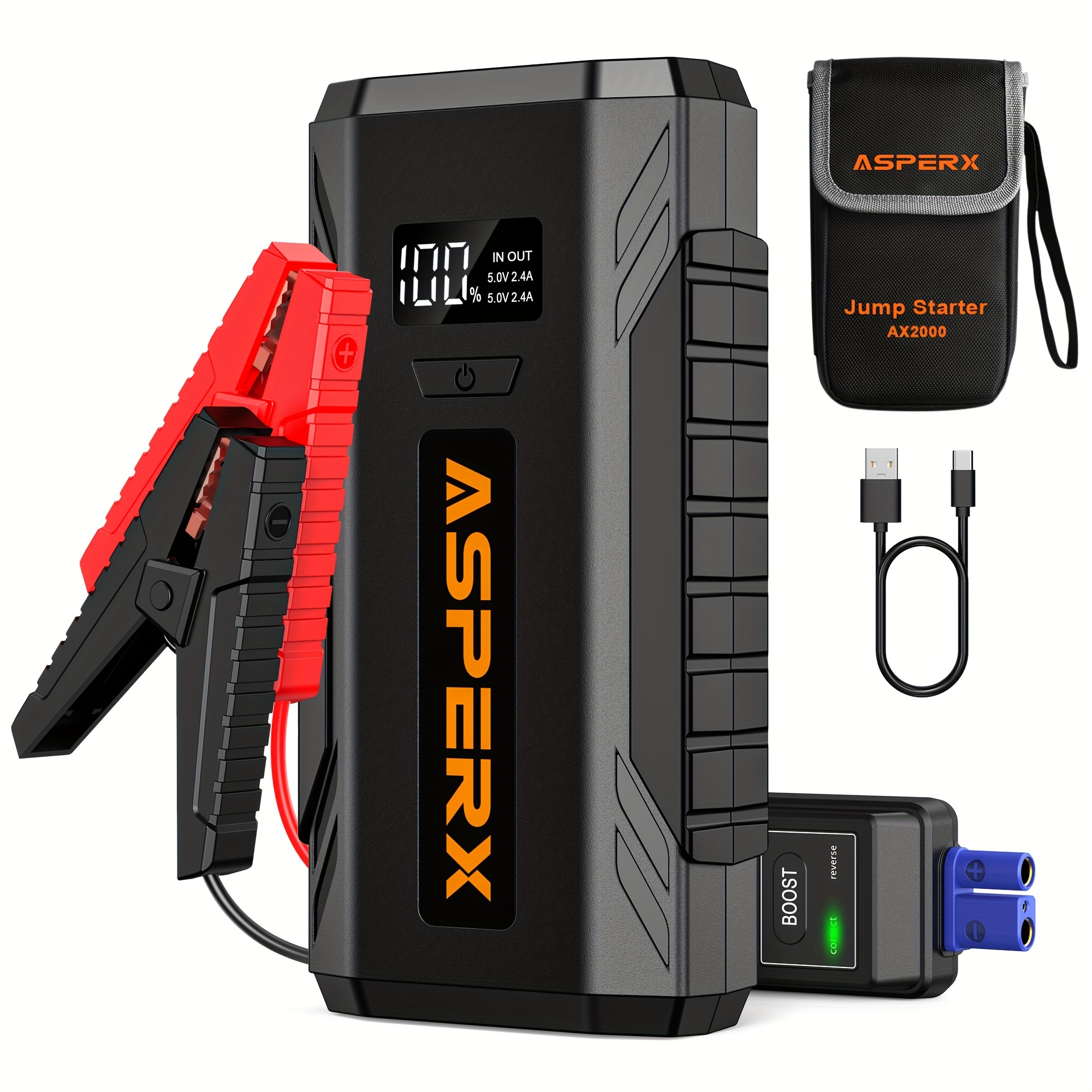 

Asperx Jump Starter, 2000a Car Battery Jump Starter For Up To 8.0l Gas Or 6.5l Engine, 12v Portable Car Jump Starter, Jump Box With 1.4 Inch Lcd Display