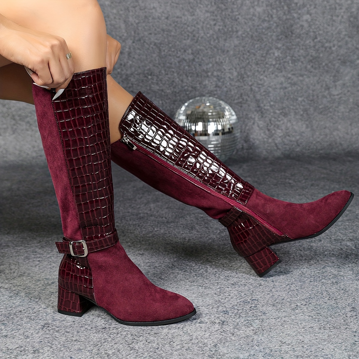 

Women's Elegant Knee-high Boots, Burgundy Suede With Crocodile Pattern, Zipper Closure, Pointed Toe, Chunky Heel, Leather, ,