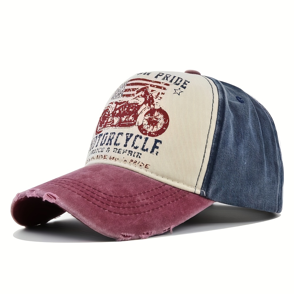 Image of 5pcs Patches Cartoon Motorcycle Baseball Cap, Distressed Washed Dad Hat, Outdoor Casual Sports Curved Brim Hat