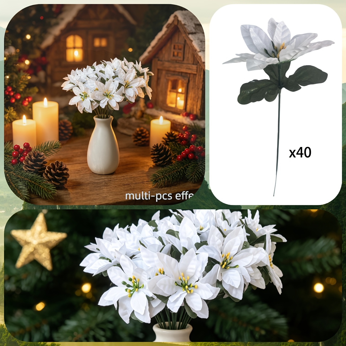 TEMU 40pcs White Artificial Flowers, High-quality Durable Material, Maintenance-free, Suitable For Christmas Tree Embellishments, Gift Wrapping, And