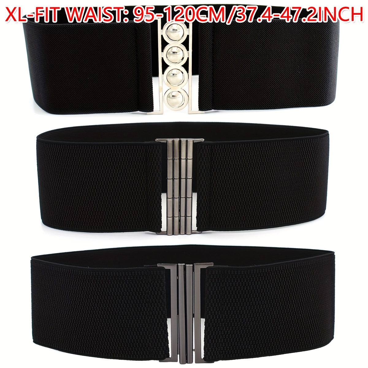 3 Women's Waist Belts, 7.5cm Wide, Plus Size, Black Elastic Stretch Waistband